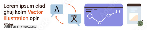 Language services, translation tools, data analytics, workflow optimization, document processing, and communication. Data graph, language translation icons and document graphic. Language services