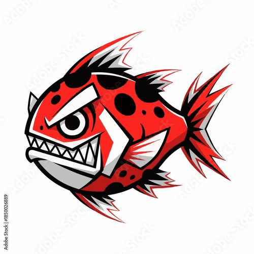 Aggressive red fish illustration featuring sharp teeth and dynamic fins, perfect for gaming mascots, sports teams, or edgy brand identity designs that demand attention and convey fierce determination