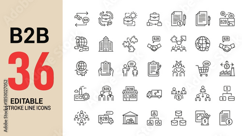 Sleek and professional collection of 36 editable stroke line icons illustrating key Business-to-Business (B2B) operations, from global networks to supply chain logistics