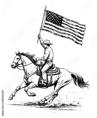 Patriot cowboy riding a horse holding an American flag, sketch illustration, vector isolated on transparent background