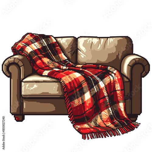 Cozy Sofa with Plaid Blanket.