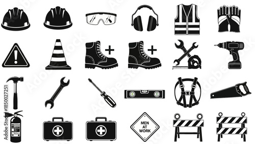 Construction site safety equipment and tools silhouette icons hard hat, safety glasses, ear protection, boots, tools, warning sign, cone, first aid kit, fire extinguisher