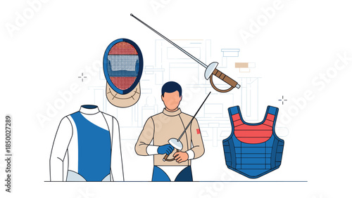 Fencing equipment and athlete in contemporary linear art style