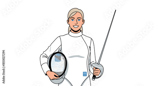 Young woman fencer in protective gear holding a sword and helmet with confident smile