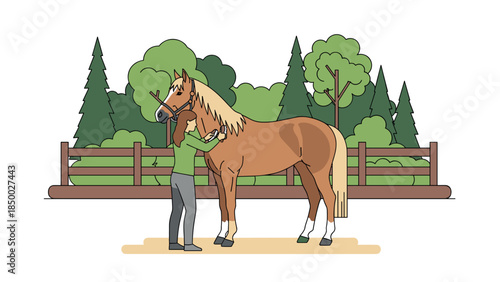 Person grooming horse in forest setting with evergreen trees in flat design