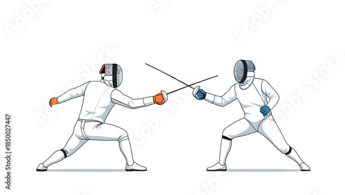 Dynamic fencing duel: two athletes in intense sword combat scene