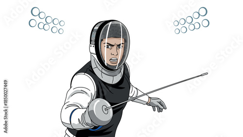 Dynamic fencer in action with protective gear and sabre against white background