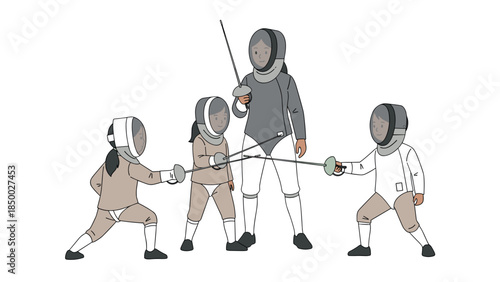 Youth fencing training with coach in minimalist style