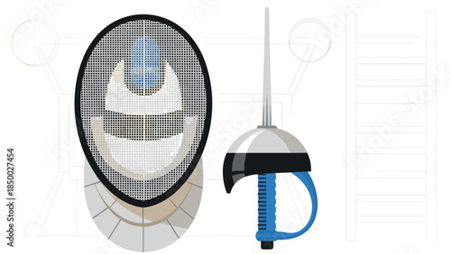 Fencing equipment depiction with helmet and epee on white background