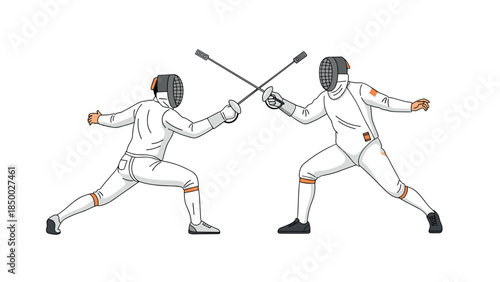 Dynamic fencing duel with swords: two fencers in action emphasizing sport and competition