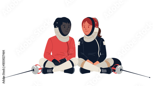 Fencing athletes in relaxed pose with gear, graphic art style