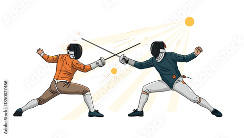 Dynamic fencing match with swords: intense combat scene in vibrant colors