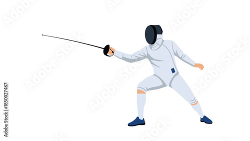 Professional fencer in action stance with foil on white background