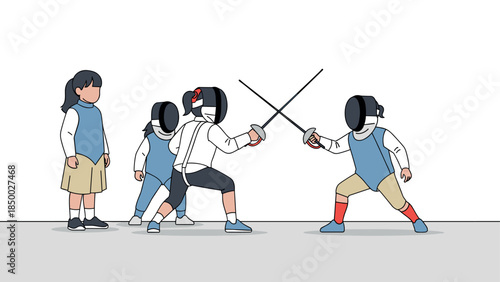 Cartoon style fencing match with kids in sport uniforms and protective gear