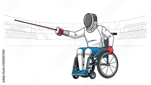 Inclusive fencing: adaptive sportsman in wheelchair at arena