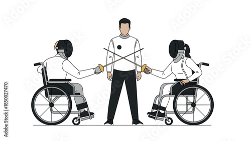 Wheelchair fencing match with referee in minimalist style