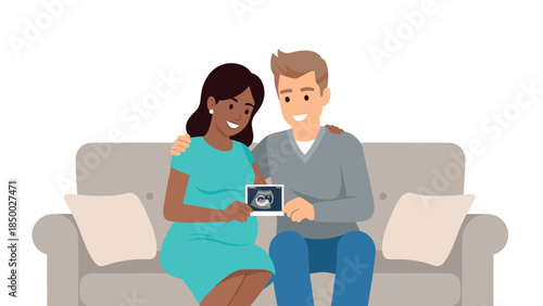 Happy couple excitedly sharing ultrasound news on cozy sofa