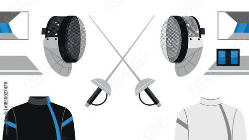 Fencing equipment set with crossed sabers and protective gear in flat design