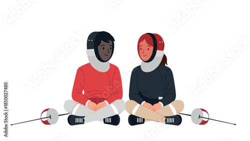 Two fencers sitting together in uniform, smiling and relaxing post match