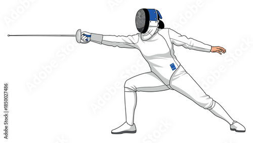 Dynamic fencing pose: female athlete in action with sword and protective gear