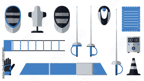 Fencing equipment set: swords, masks, and gear for modern sport training in blue and gray