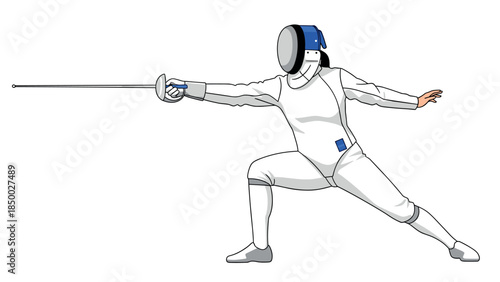 Dynamic fencing action: athlete in protective gear performing a lunge