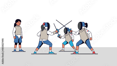Animated fencing tournament scene with female athletes in action