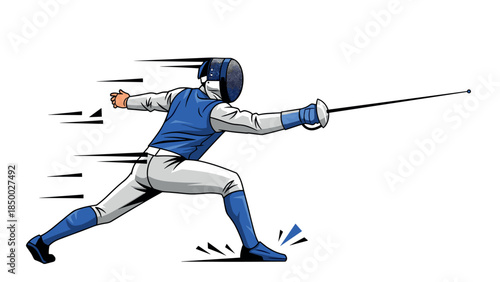 Dynamic fencer in action with sword and gear on white background
