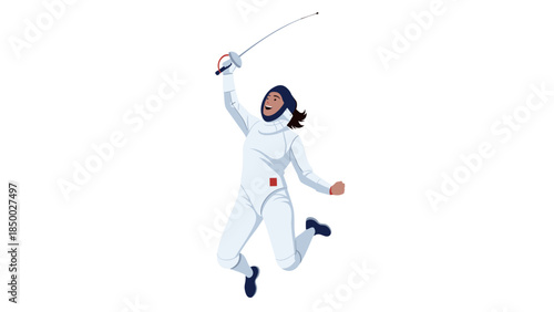Dynamic female fencer celebrates victory in full fencing gear on white background