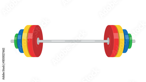 Colorful barbell with red, yellow, green, and blue plates on white background