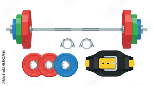 Colorful fitness equipment set with weightlifting barbell and plates