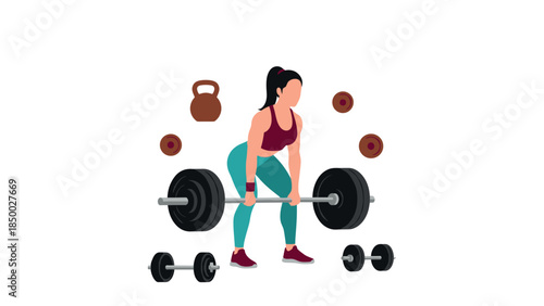 Woman deadlifting with weights and kettlebell in minimalist fitness art