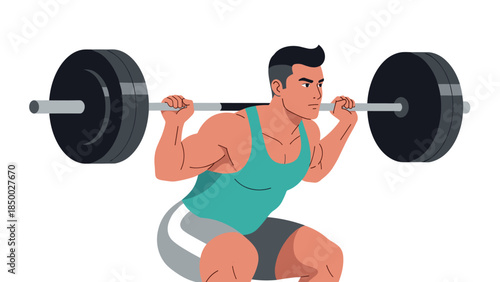 Athletic man performing a squat with barbell in dynamic pose