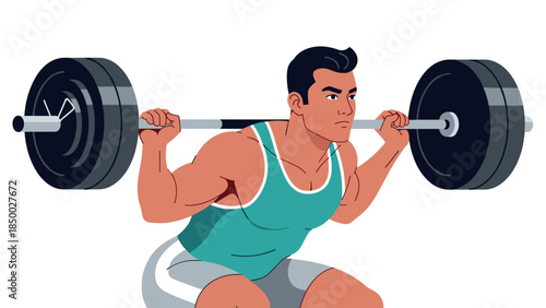Young athletic man performing a barbell squat exercise in gym setting