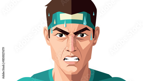 Motivated athlete with headband and sweating face in flat style