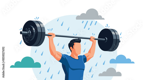 Man lifting barbell in the rain with clouds in background