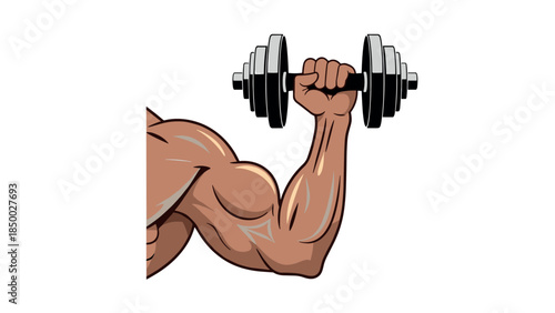 Muscular arm holding dumbbell in cartoon style for fitness and strength training concepts