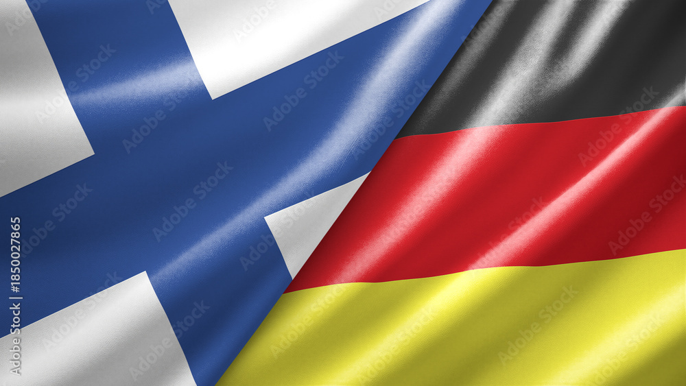Fototapeta premium Finland and Germany two national flags filling the entire frame, close-up view, edge-to-edge composition