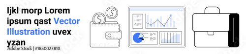 Wallet with coins, analytics dashboard with charts and graphs, professional briefcase. Ideal for finance, business strategy, e-commerce, investment, corporate presentation, analytics simple landing