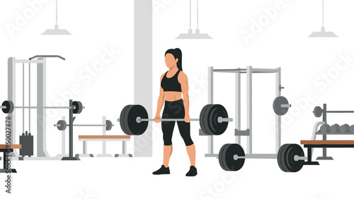 Woman performing deadlift in gym with weightlifting equipment in minimalist style