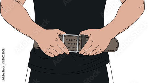 Person fastening belt with buckle on waist in casual outfit