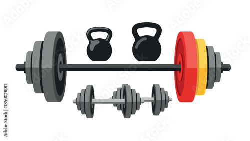 Minimalist gym equipment with dumbbells, barbells, and kettlebells in flat style