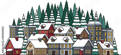 Snowy village nestled in evergreen forest