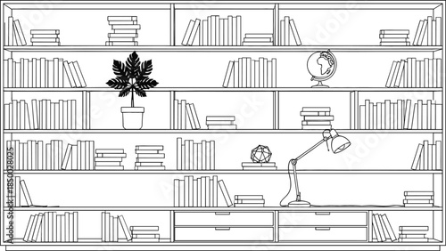 Architectural line art sketch of a large library bookshelf with organized books, desk lamp, globe, and potted plant