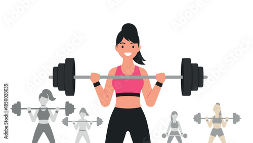 Fitness woman lifting barbell surrounded by workout silhouettes