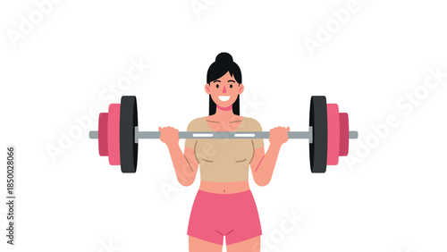 Smiling woman lifting barbell: fitness enthusiast in flat design
