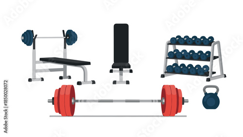 Modern gym equipment set with bench press, dumbbells, and kettlebell in flat design