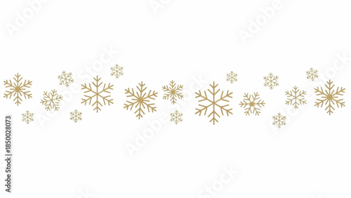 A collection of golden snowflakes arranged in a horizontal line against a white background