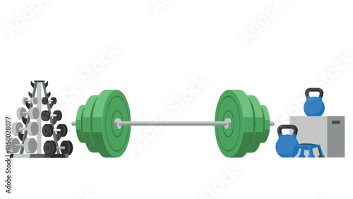 Gym equipment setup with dumbbells, barbell, and kettlebells in flat design