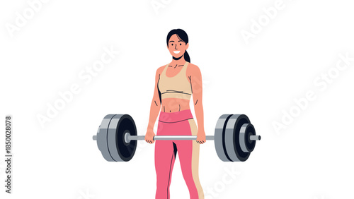 Woman lifting barbell in gym setting with focused expression in modern flat style